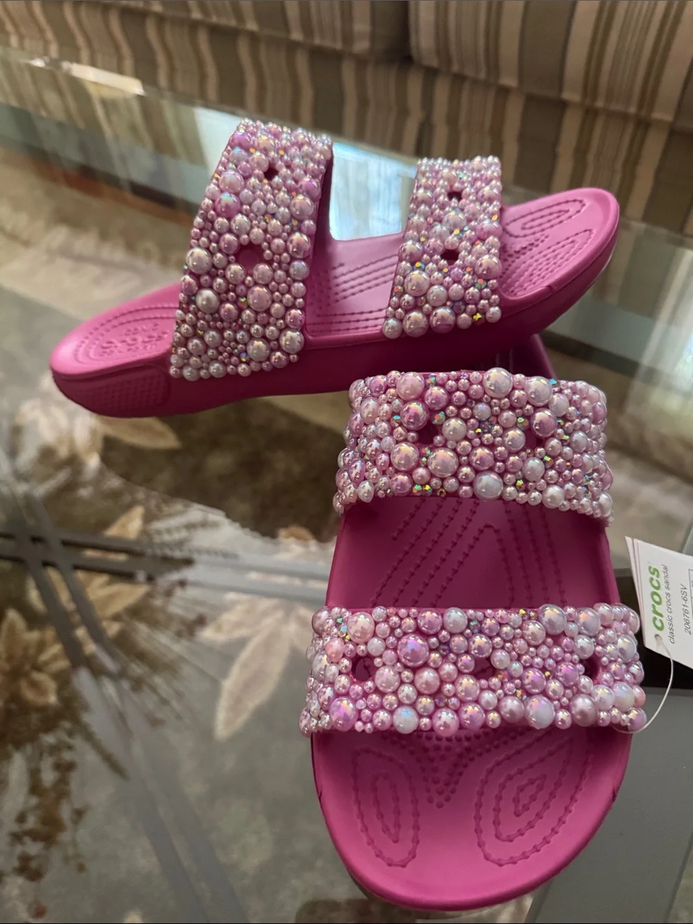 CROCS Pink Pearl-Embellished Double-Strap Slides